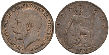 Великобритания 1 фартинг 1919 Георг V (1910-1936), светлая отделка KM 808.2, Spink 4060 бронза 4596-946