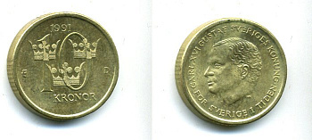 Швеция 10 крон 1991 D Карл XVI Густав (1973- ) KM 877 медь алюминий цинк 25-1936