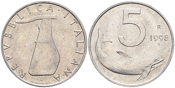 Италия 5 лир 1998 R, дельфин KM 92 алюминий  UNC  4594-955