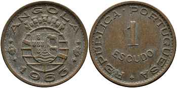 Португальская Ангола 1 эскудо 1963 KM 76 бронза 33-924