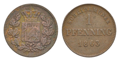 Бавария 1 пфенниг 1863 Максимилиан II (1848-1864) KM 856 медь 4649-462