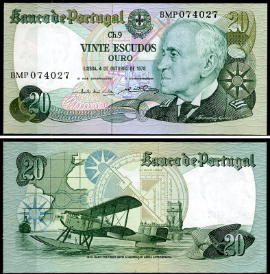 Португалия 20 эскудо 1978 Гагу Коутинью, биплан Fairey III III-MKII, Emilio Rui da Veiga Peixoto Vilar и Abel Antonio Pinto dos Reis Pick 176 b (4)  бумага  UNC (пресс) 6294-73-2-1