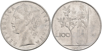 Италия 100 лир 1960 R, Афина в доспехах KM 96.1 нержавеющая сталь 81-1244