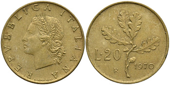Италия 20 лир 1970 R, дубовая ветвь KM 97.2 алюминиевая бронза 4171-854