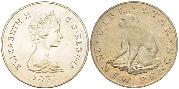 Гибралтар 25 пенсов 1971 Елизавета II (1952-2022), обезьяна KM 5 медно-никель UNC 4527-422