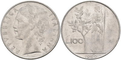 Италия 100 лир 1960 R, Афина в доспехах KM 96.1 нержавеющая сталь 81-1244