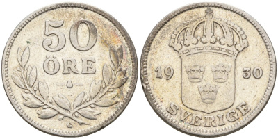 Швеция 50 эре 1930 G, Густав V (1907-1950) KM 788 серебро 4148-837