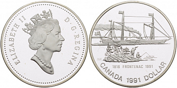 Канада 1 доллар 1991 175 лет первому пароходу "Фронтенак" KM 179 серебро PROOF 04-011-34