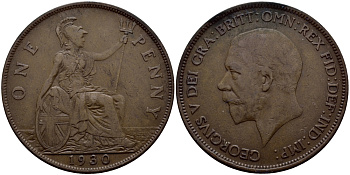 Великобритания 1 пенни 1930 Георг V (1910-1936) КМ 838, Spink 4055 бронза 4110-1014