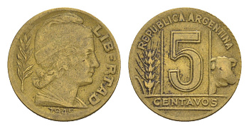 Аргентина 5 сентаво 1945 KM 40 алюминиевая бронза 4636-268