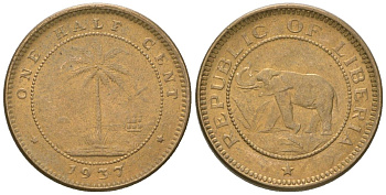 Либерия 1/2 цента 1937 KM 10 латунь aUNC 4594-466