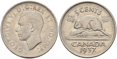 Канада 5 центов 1937 Георг VI (1937-1952) KM 33 никель 4143-534