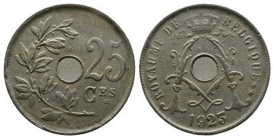 Бельгия 25 сантимов 1925 Belgique, Альберт I (1909-1934) KM 68.1 медно-никель 259-851