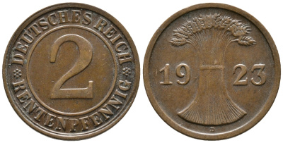 ГЕРМАНИЯ 2 РЕНТЕНПФЕННИГА 1923 D KM 31, J. 307 бронза 24-422