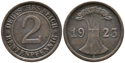 ГЕРМАНИЯ 2 РЕНТЕНПФЕННИГА 1923 A KM 31, J. 307 бронза 24-435