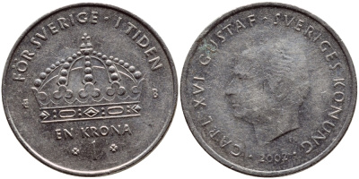 Швеция 1 крона 2002 Карл XVI Густав (1973- ) KM 894 медно-никель 4364-1424