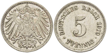 Германия 5 пфеннигов 1910 G KM 11, J. 12 медно-никель 105-144