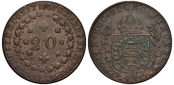 Бразилия 20 реалов 1825 R, Педру I (1822-1831) KM 360.1 медь 272-435