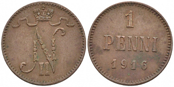 РОССИЯ ДЛЯ ФИНЛЯНДИИ 1 ПЕННИ 1916 НИКОЛАЙ II (1895-1917) KM 13, Биткин 476 медь 211-1066