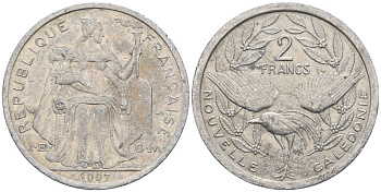 Французская Новая Каледония 2 франка 2007 птица кагу, (IEOM) KM 14, Schoen 11 алюминий    29-252
