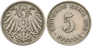 Германия 5 пфеннигов 1909 D, KM 11, J. 12 медно-никель 4608-846