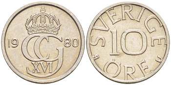 Швеция 10 эре 1980 Карл XVI Густав (1973- ) KM 850 медно-никель 4516-448