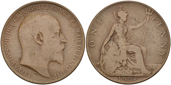 Великобритания 1 пенни 1908 Эдуард VII (1901-1910) KM 794.2, Sp 3990 бронза 4149-644