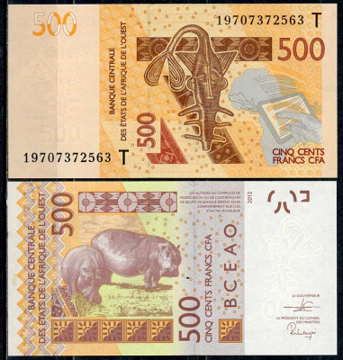 Валютный Союз Стран Западной Африки, Того 500 франков 2012 бегемоты Pick 819Ta  бумага  UNC (пресс) 448-179-2
