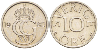 Швеция 10 эре 1980 Карл XVI Густав (1973- ) KM 850 медно-никель 4516-448