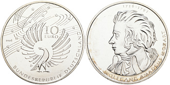 ФРГ 10 евро 2006 D, 250 лет со дня рождения Вольфганга Амадея Моцарта KM 248, DE.S. 10.29 серебро UNC 107-1231