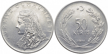 Турция 50 курушей 1971 Анатолийская невеста KM 899 нержавеющая сталь 3856-835