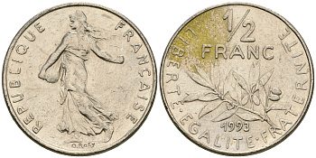 Франция 1/2 франка 1993 сеятель KM 931.1 никель 25-1252