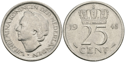 НИДЕРЛАНДЫ 25 ЦЕНТОВ 1948 ВИЛЬГЕЛЬМИНА KM 178 никель 46-2447