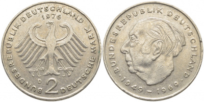 ФРГ 2 МАРКИ 1976 D, ТЕОДОР ХОЙС KM 127, J. 407 медно-никель плакированный никелем 3856-337
