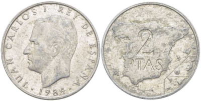ИСПАНИЯ 2 ПЕСЕТЫ 1984 ХУАН КАРЛОС I (1975-), КАРТА KM 822 алюминий 213-147