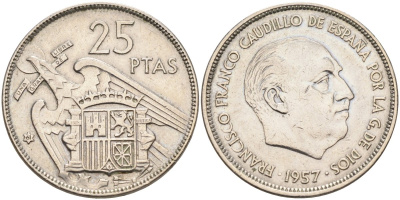 Испания 25 песет 1957(61) Франциско Франко (1939-1975) KM 787 медно-никель 4583-1033