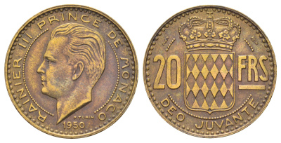 Монако 20 франков 1950 Ренье III (1949-2005) KM 131 алюминиевая бронза 4642-342