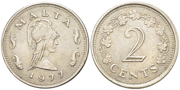 Мальта 2 цента 1977 Пентесилея, царица амазонок KM 9 медь цинк 4523-1027