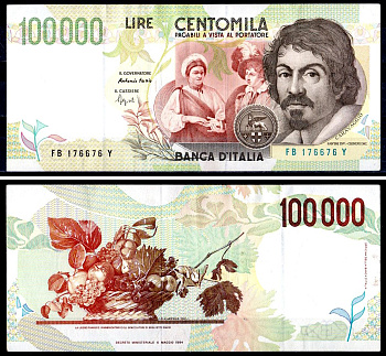 Италия 100000 лир 1994 Караваджо (Микеланджело Меризи), пара с картины Караваджо «Гадалка»), Корзина с фруктами Pick 117 a бумага 451-742-1