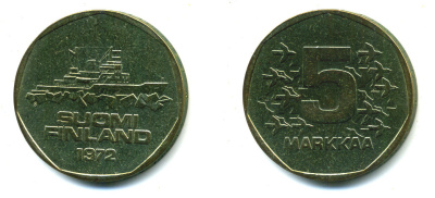 Финляндия 5 марок 1972 S, КОРАБЛЬ KM 53 алюминиевая бронза 3334-143