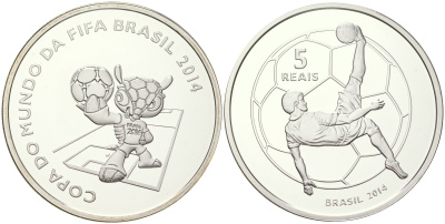 Бразилия 5 реалов 2014 Чемпионат мира по футболу 2014, талисман (маскот) Фулеко, удар через себя, тираж 20.000 экземпляров, в оригинальной коробке, с сертификатом KM 701 серебро  PROOF  8-1-02-04