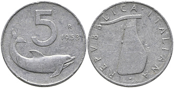 Италия 5 лир 1953 R, дельфин, плуг KM 922 алюминий 89-524