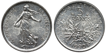 Франция 5 франков 1990 сеятель KM 926а.1, Le Franc 341.22 никель плакированный медно-никелем 4123-514