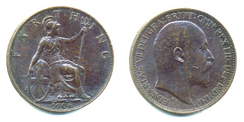 Великобритания 1 фартинг 1906 Эдуард VII (1901-1910), KM 792, Spink 3992 бронза 4384-231