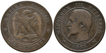 ФРАНЦИЯ 10 САНТИМОВ 1853 W, НАПОЛЕОН III (1852-1870) KM 771.7 бронза 38-325