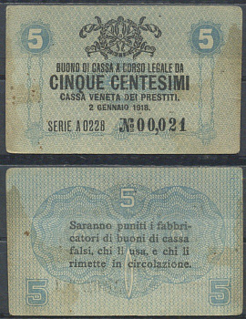 Италия 5 чентезимо 1918 	Венецианский ссудный банк Pick M1 бумага 7554-13-3-2
