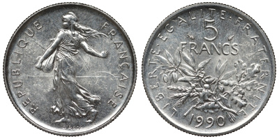 Франция 5 франков 1990 сеятель KM 926а.1, Le Franc 341.22 никель плакированный медно-никелем 4123-514