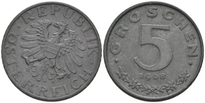 Австрия 5 грошей 1968 KM 2875 цинк 4567-324