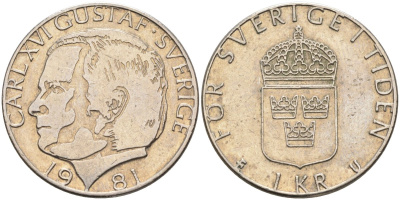 Швеция 1 крона 1981 Карл XVI Густав (1973- ) KM 852 медь плакированная медно-никелем 181-817