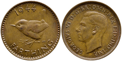 Великобритания 1 фартинг 1944 Георг VI (1936-1952) KM 843, Spink 4116 бронза 08-543